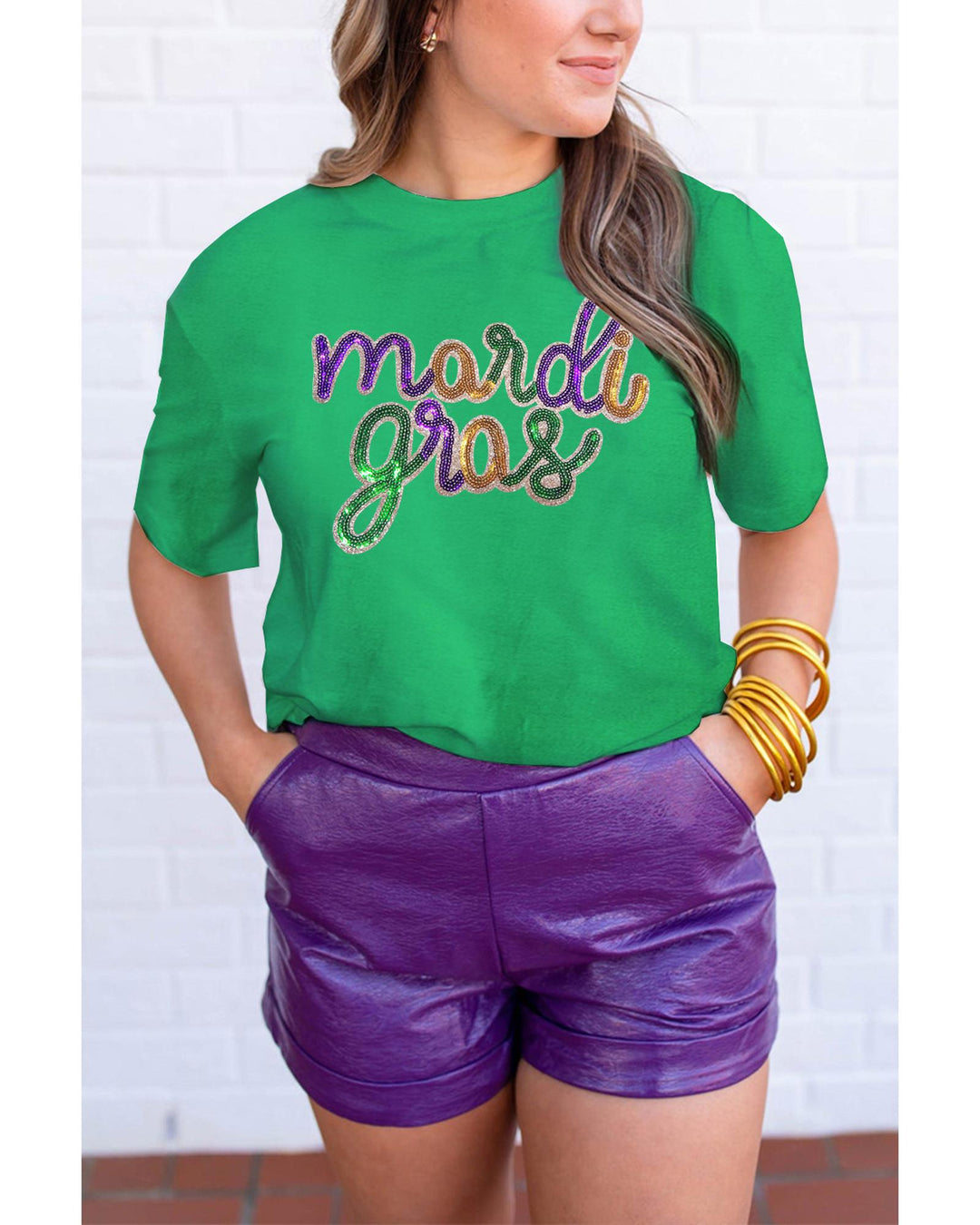Bright Green Sequin mardi gras Graphic T Shirt - M