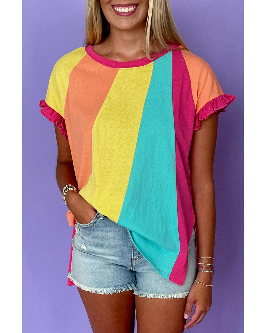 Rose Red Color Block Ruffled Crew Neck Loose Fit T Shirt - M