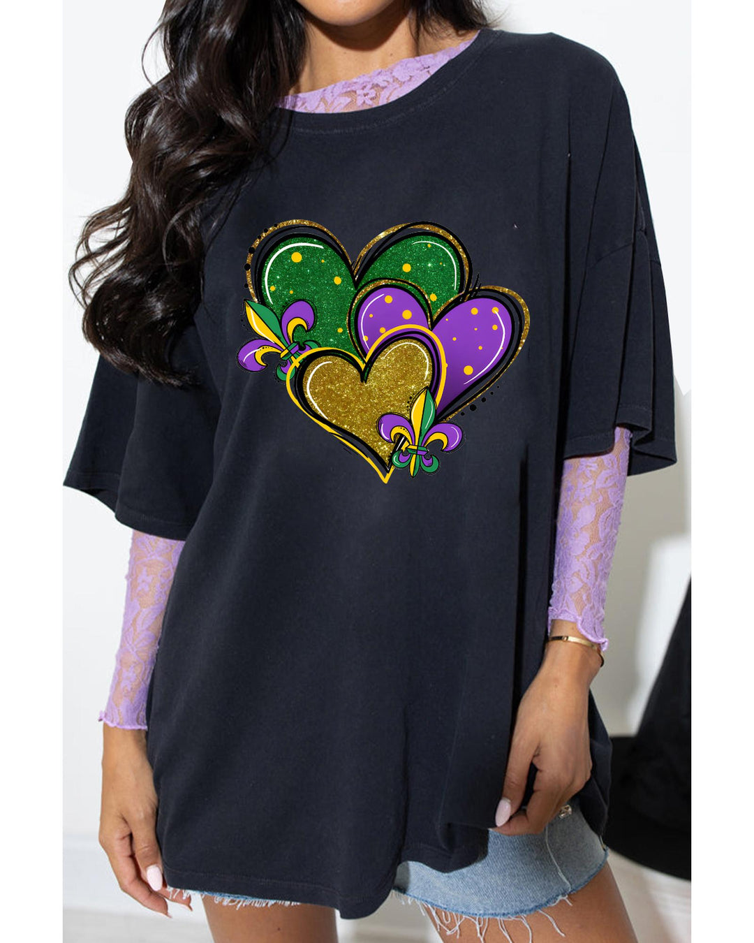 Black Fleur de Lis Heart Printed Mardi Gras T Shirt - XL