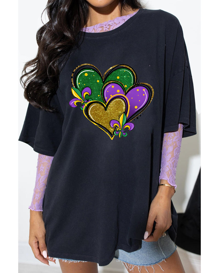 Black Fleur de Lis Heart Printed Mardi Gras T Shirt - XL