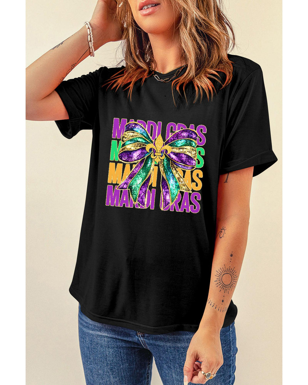 Black MARDI GRAS Fleur de Lis Bowknot Printed Crewneck Tee - L