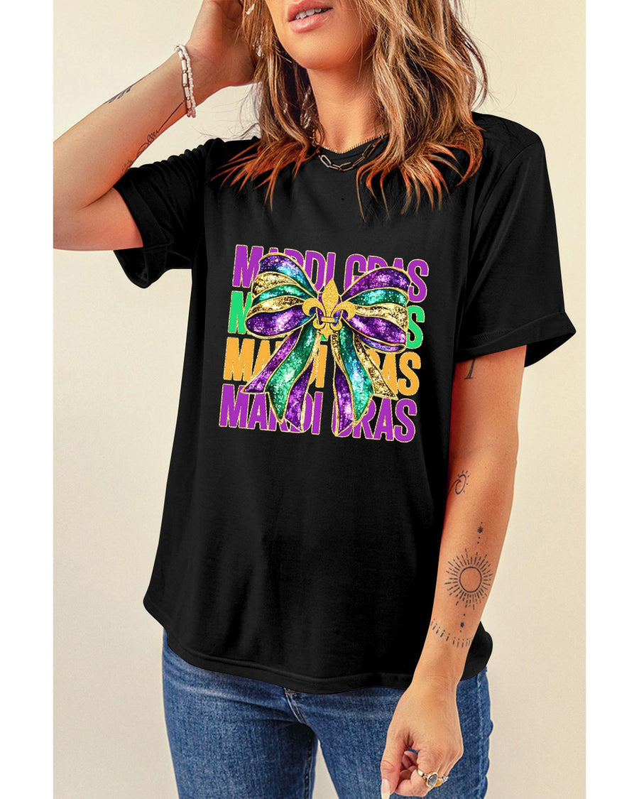 Black MARDI GRAS Fleur de Lis Bowknot Printed Crewneck Tee - XL