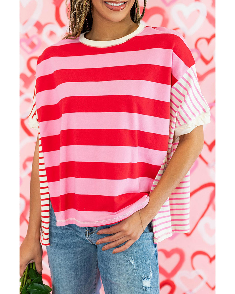 Pink Stripe Patchwork Round Neck Side Split Loose T Shirt - XL