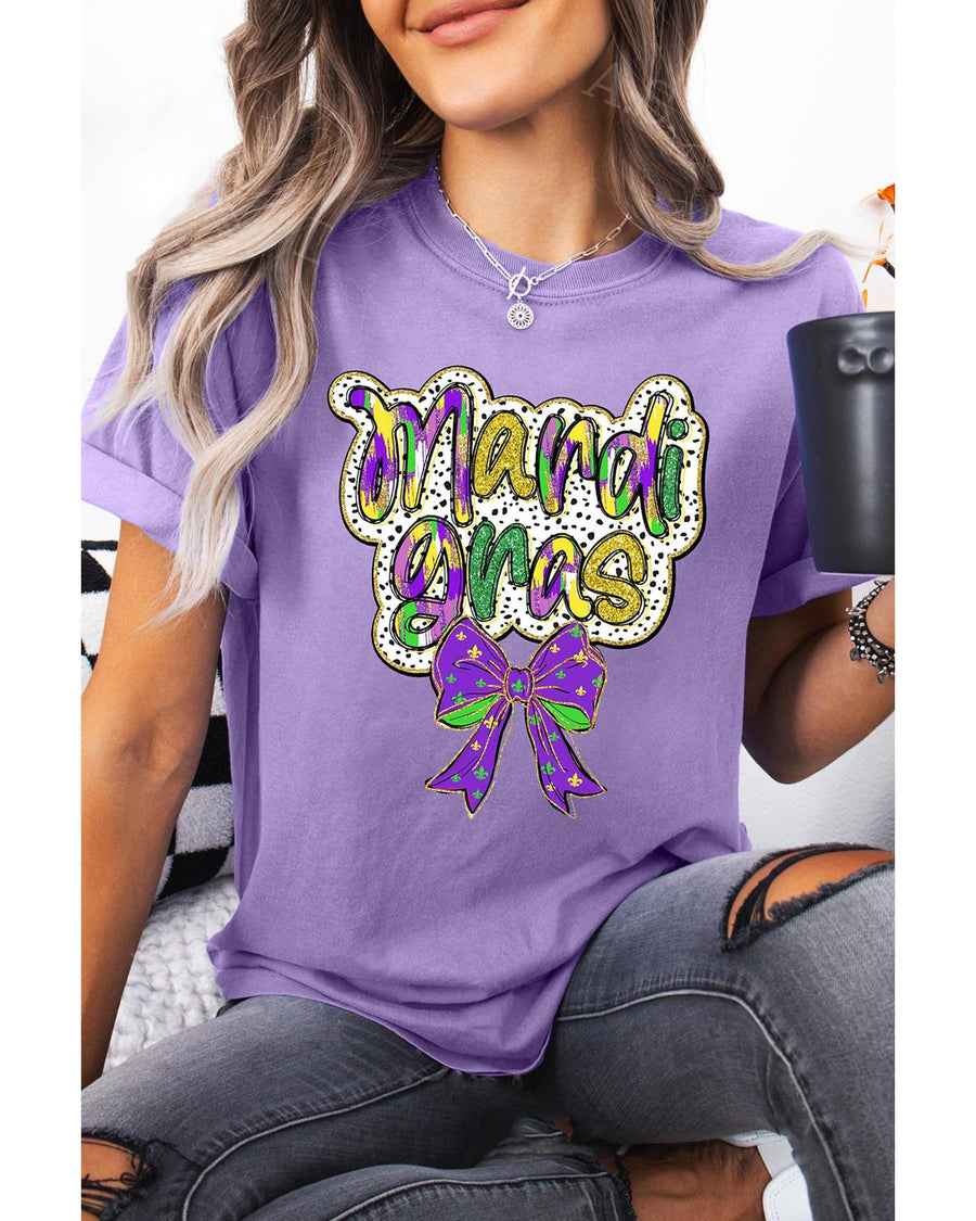 Wisteria mardi gras Bow Printed Crewneck Holiday T Shirt - M