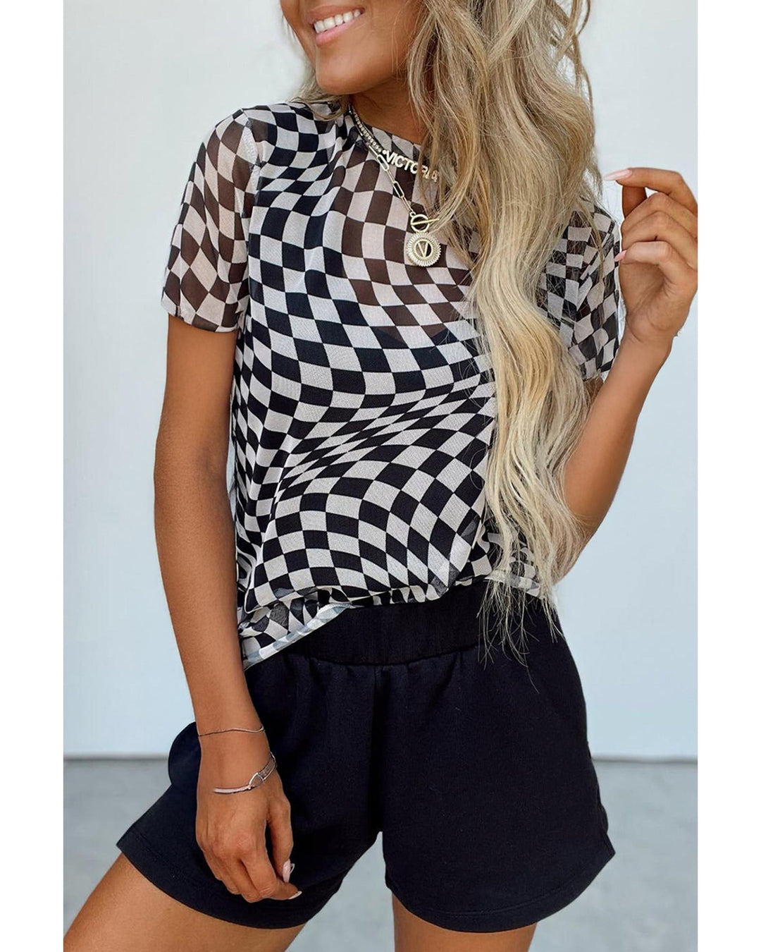 Black Checker Mesh Crew Neck T Shirt - M