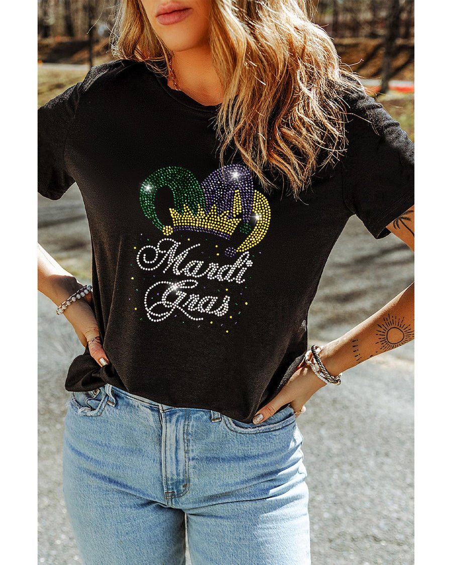 Black Rhinestone Mardi Gras Clown Hat Graphic Crewneck Tee - S