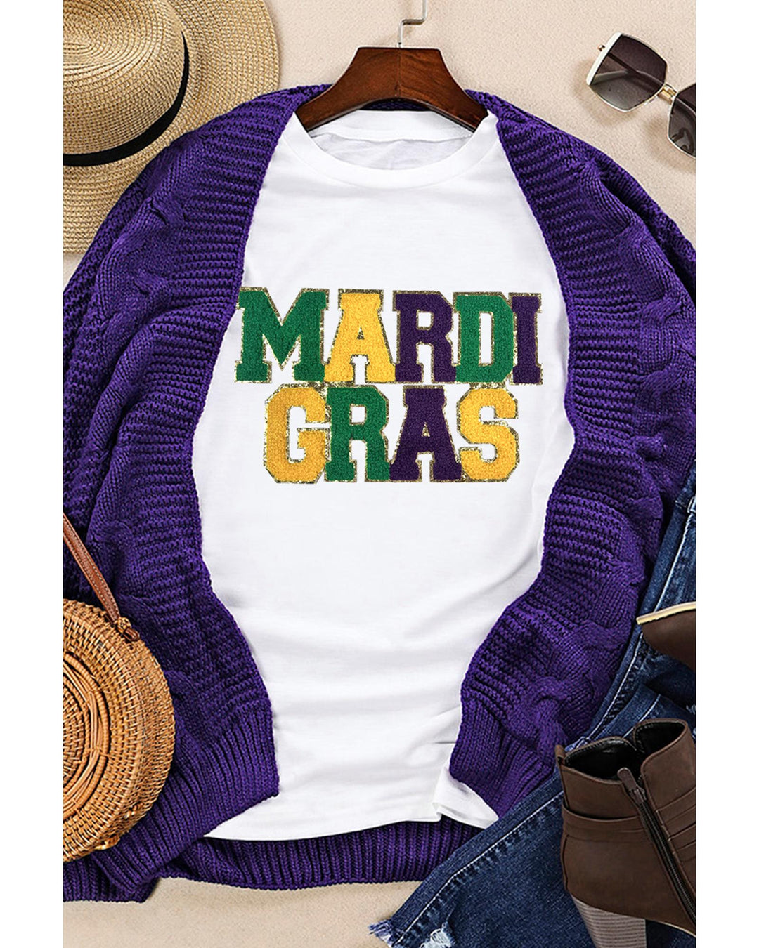 White Chenille MARDI GRAS Patched Graphic T Shirt - 3XL