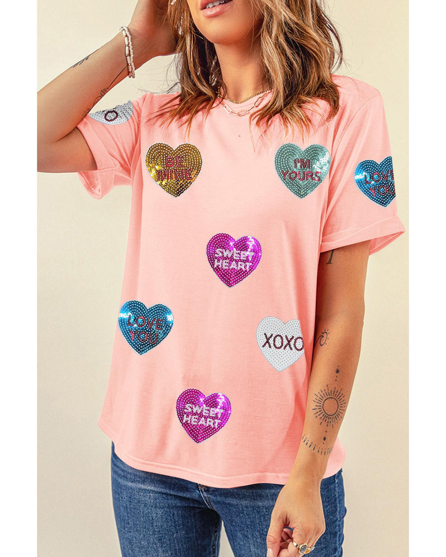 Pink Sequin Valentines Lettering Heart Patched Crewneck T Shirt - XL
