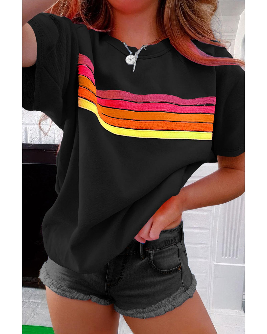 Black Striped Patch Front Casual Tee - L