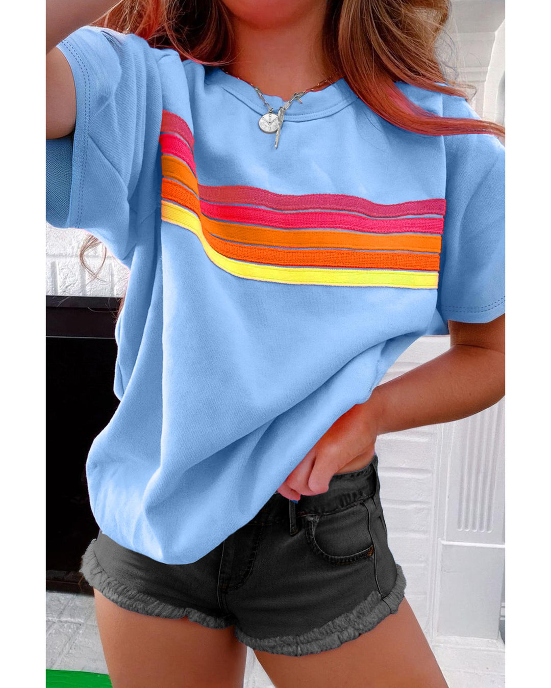 Beau Blue Striped Patch Front Casual Tee - L