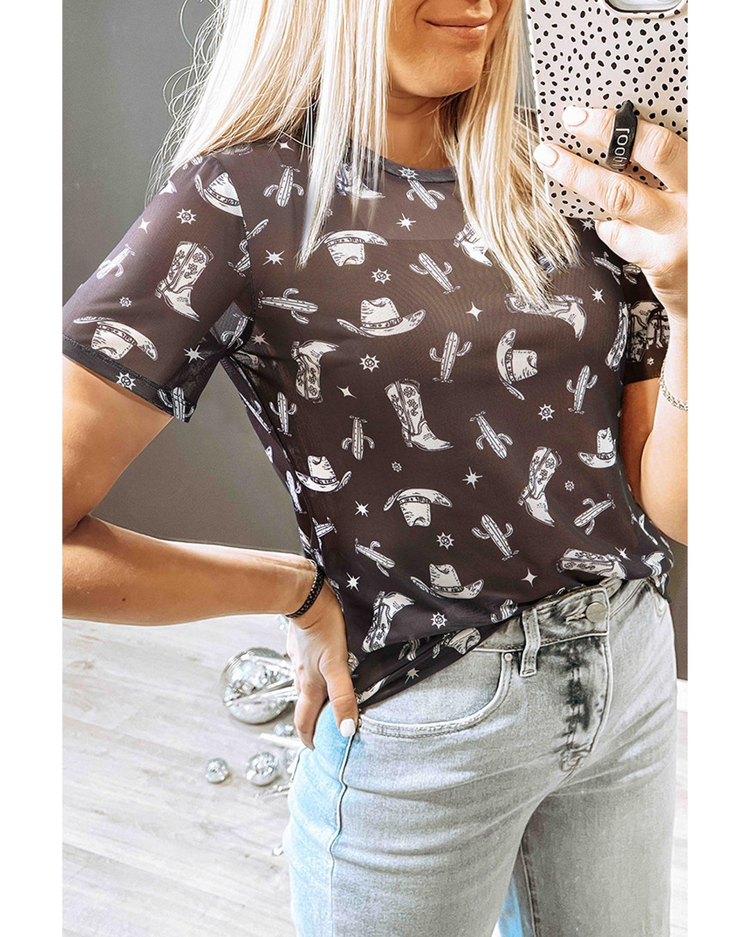 Black Western Pattern Mesh Sheer Crew Neck T Shirt - L
