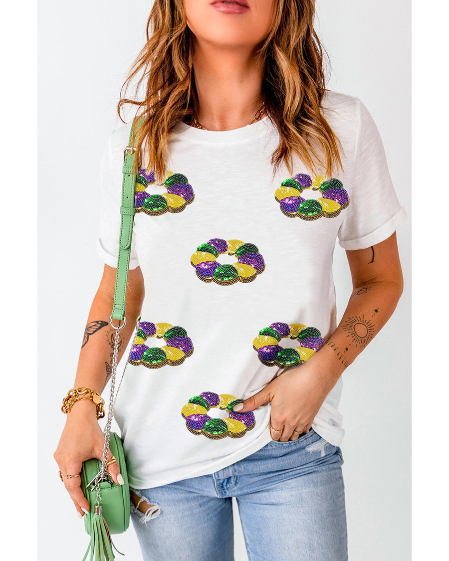 White Sequined Mardi Gras Pattern Crew Neck Short Sleeve Top - S