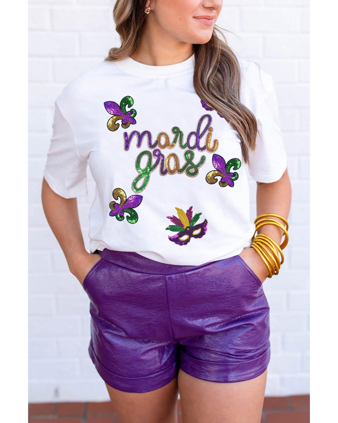White Sequin Mardi Gras Pattern Graphic Crew Neck Tee - 3XL