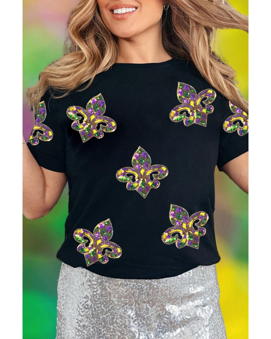 Black Maid Gras Sequin Fleur de Lis Graphic T Shirt - S