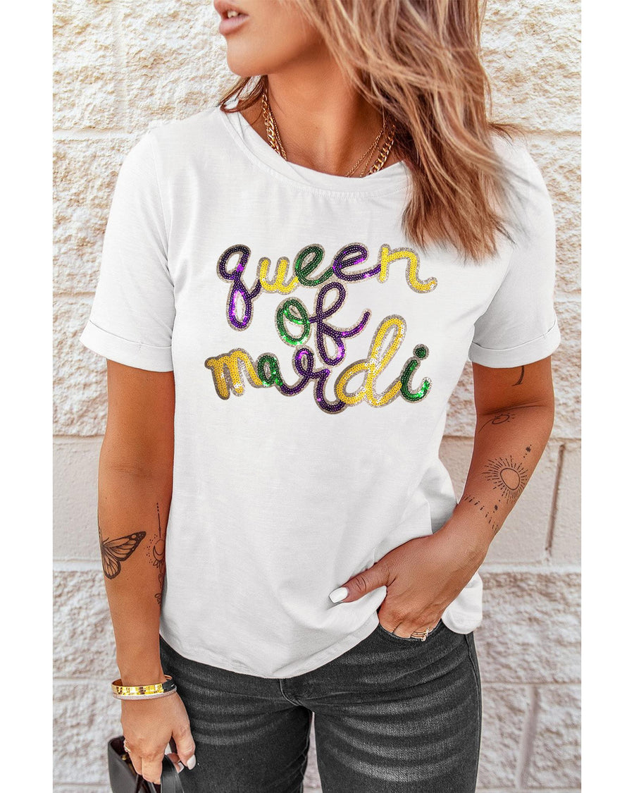 White queen of mardi Sequin Letter Graphic T Shirt - 3XL