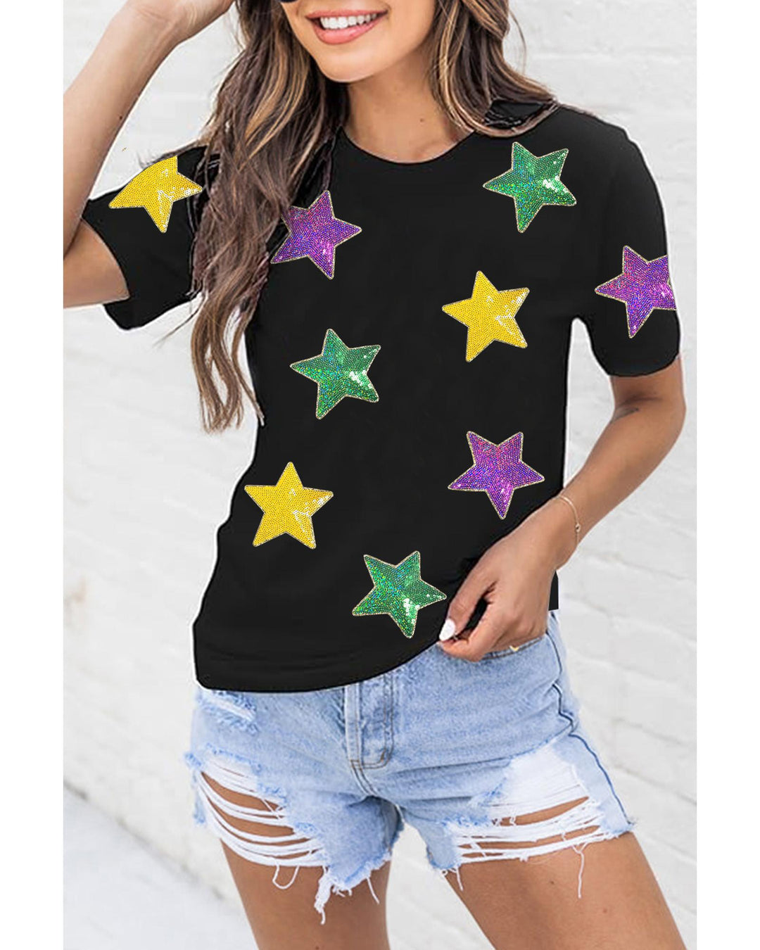 Black Colorful Sequin Stars Patched Relaxed T Shirt - XL