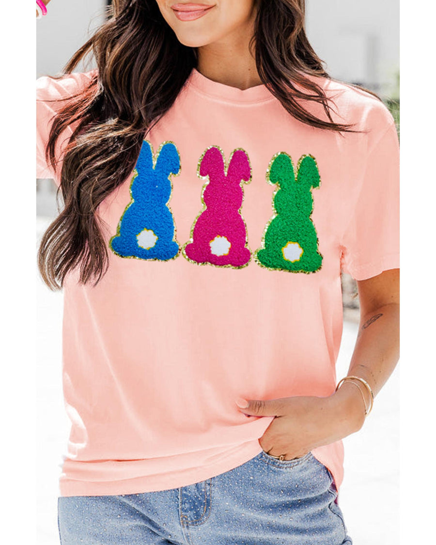 Pink Easter Bunny Chenille Patched Graphic Tee - L