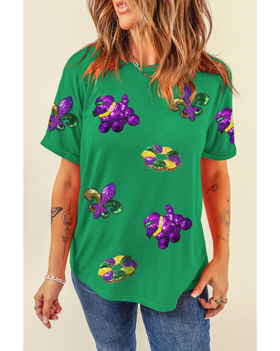 Bright Green Mardi Gras Sequin Patched Graphic Tee - L