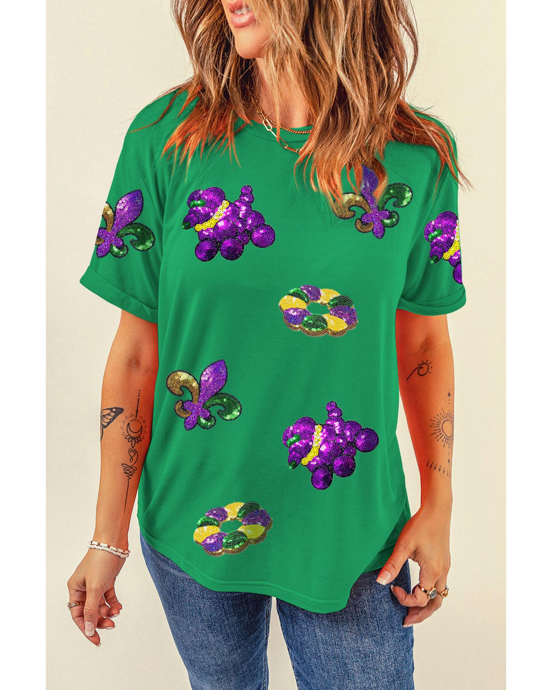 Bright Green Mardi Gras Sequin Patched Graphic Tee - M