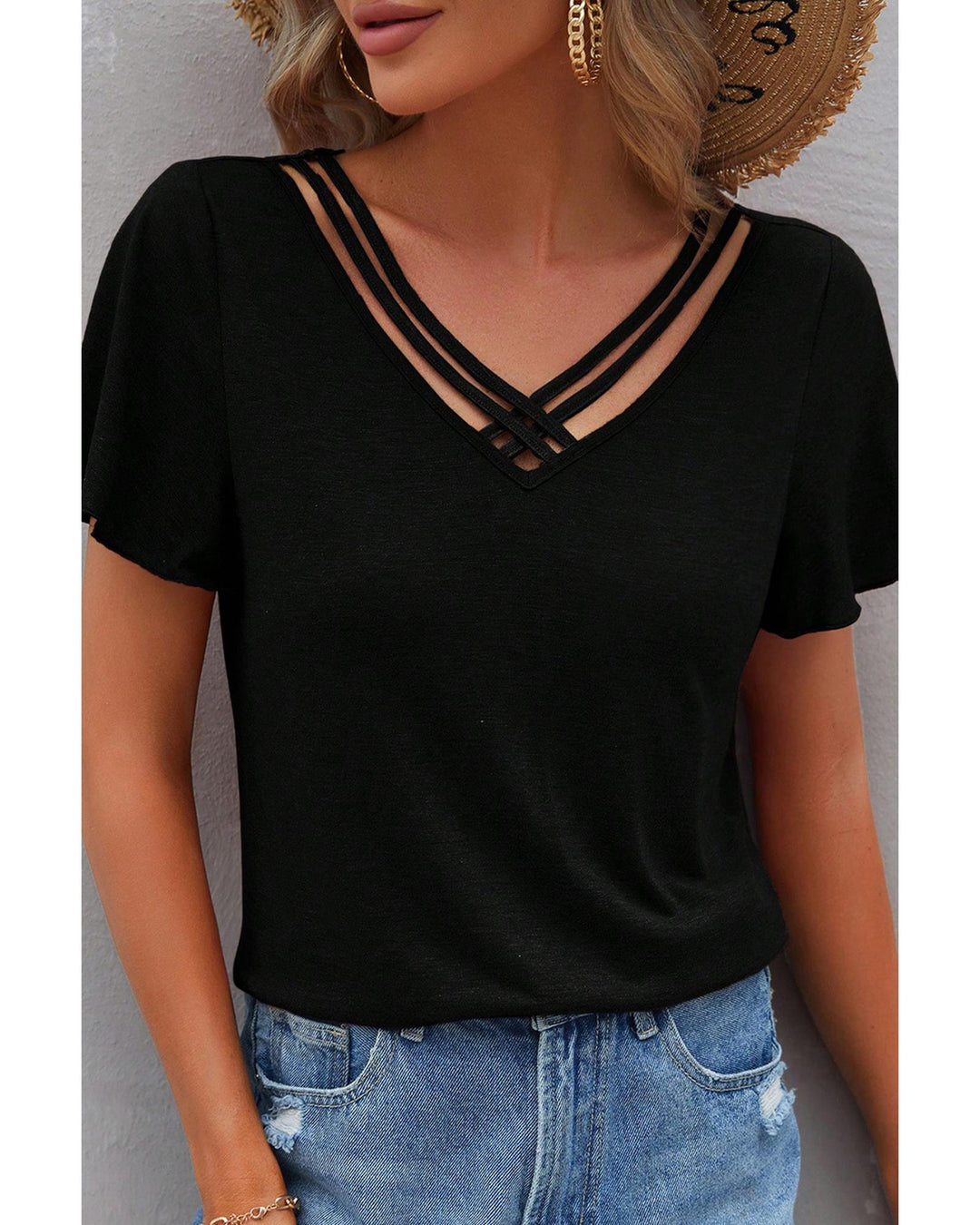Black Crisscross V Neck Butterfly Sleeve T Shirt - XL