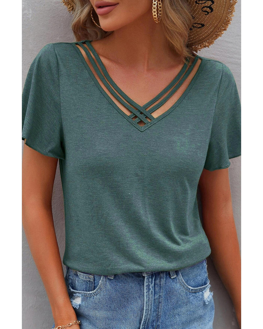 Mist Green Crisscross V Neck Butterfly Sleeve T Shirt - L