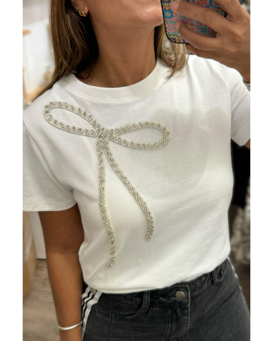 White Rhinestone Bow Embellished Round Neck Tee - S