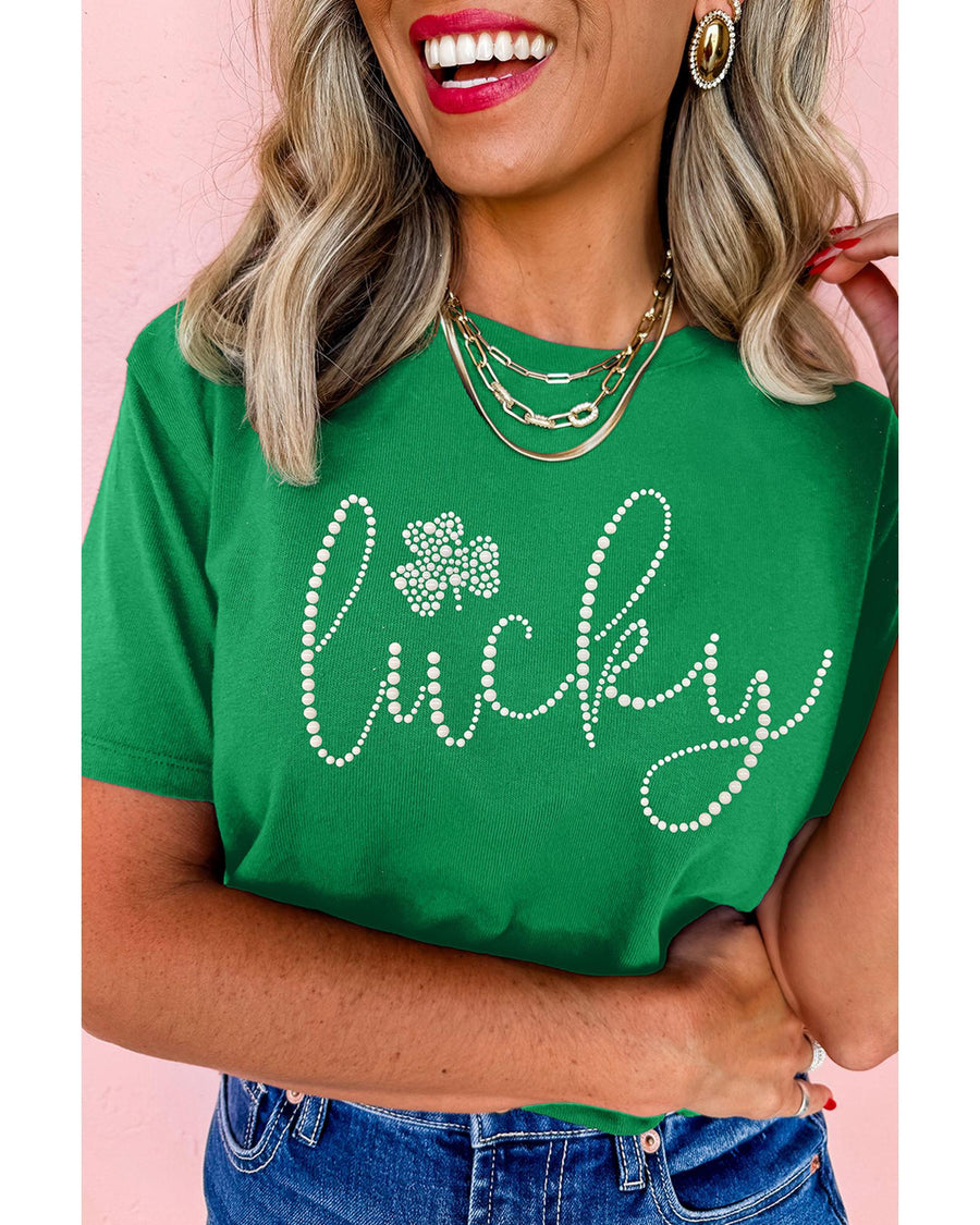 Bright Green Ceramic Rhinestone Lucky Clover Graphic Tee - S