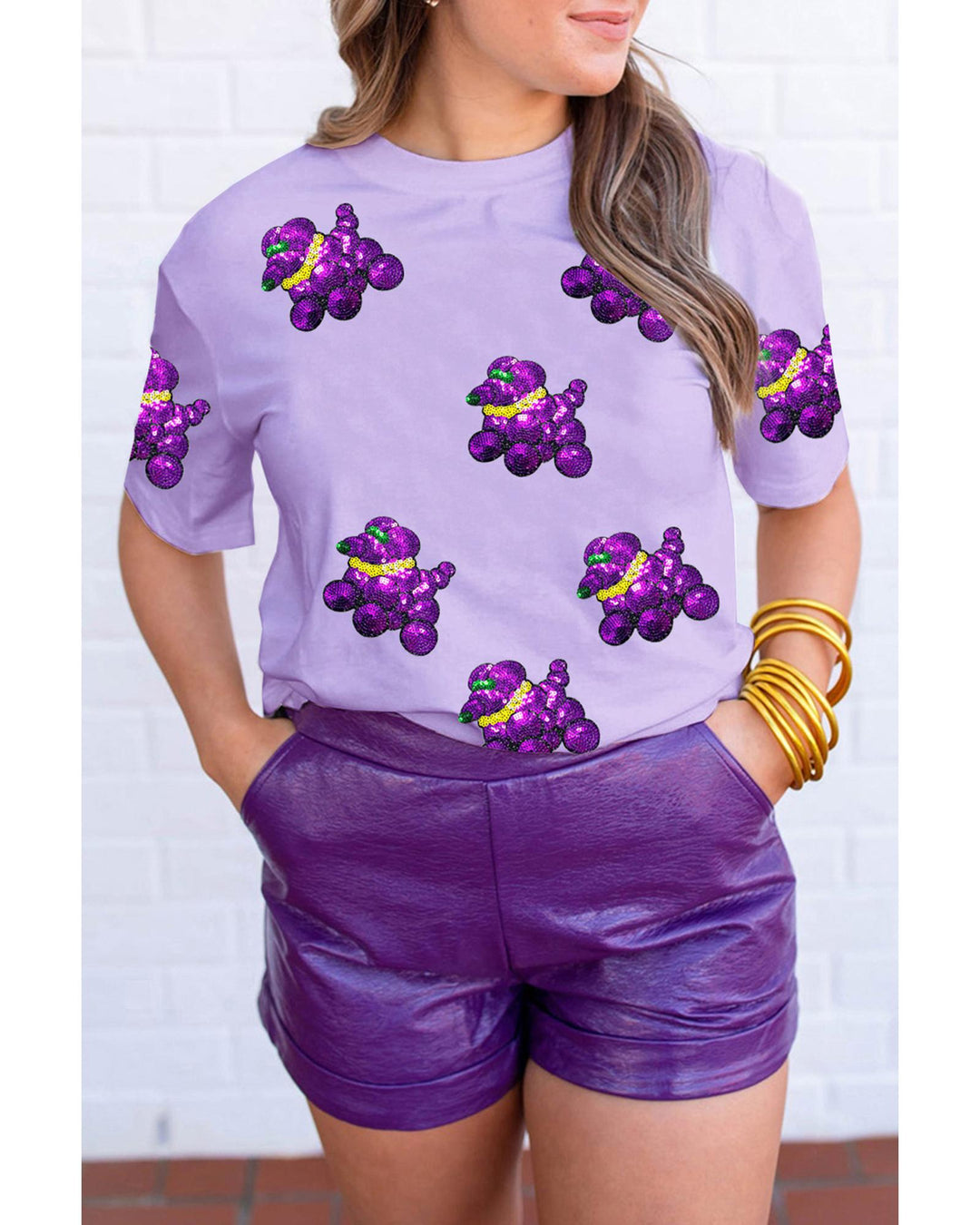Wisteria Sequin Balloon Puppy Graphic Mardi Gras Tee - L