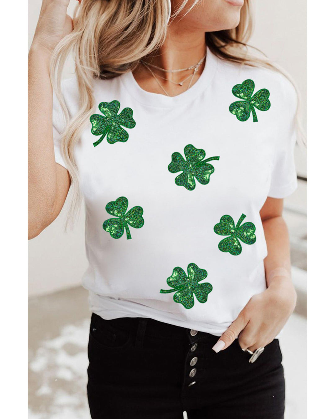 White Sequin Lucky Clover Graphic Crewneck Tee - 2XL
