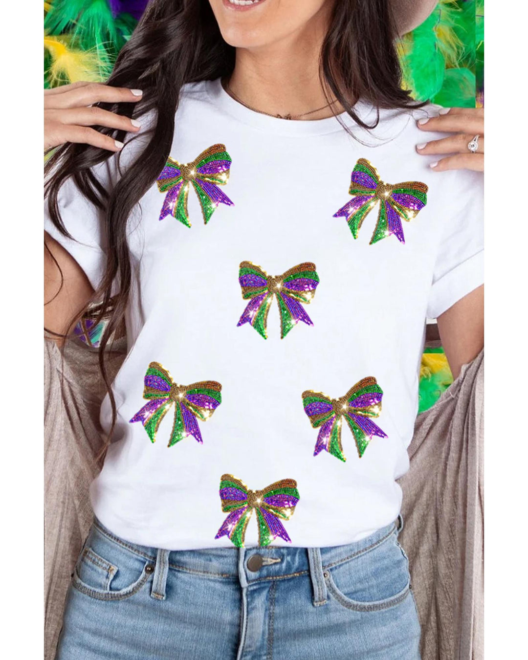 White Sequin Mardi Gras Bow Graphic Crewneck Tee - M