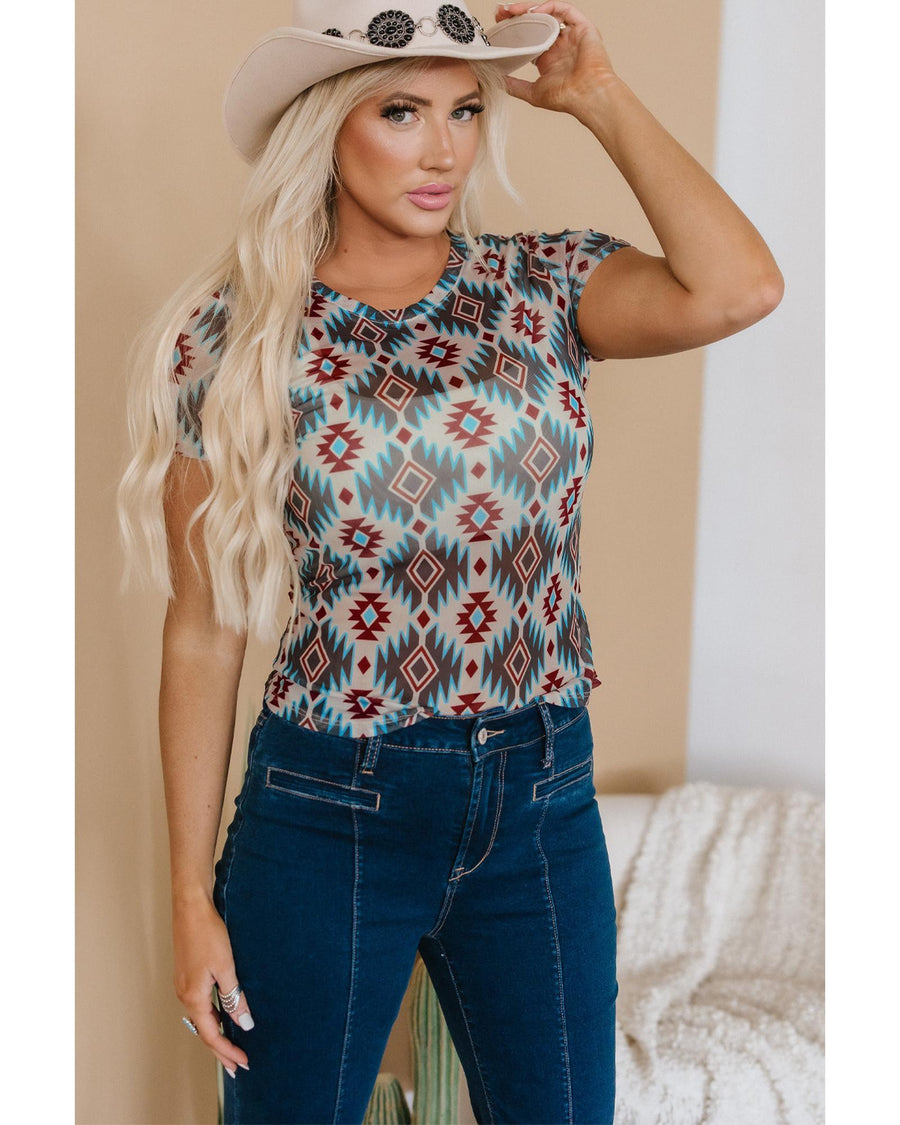 Blue Western Aztec Print Mesh Slim T Shirt - XL