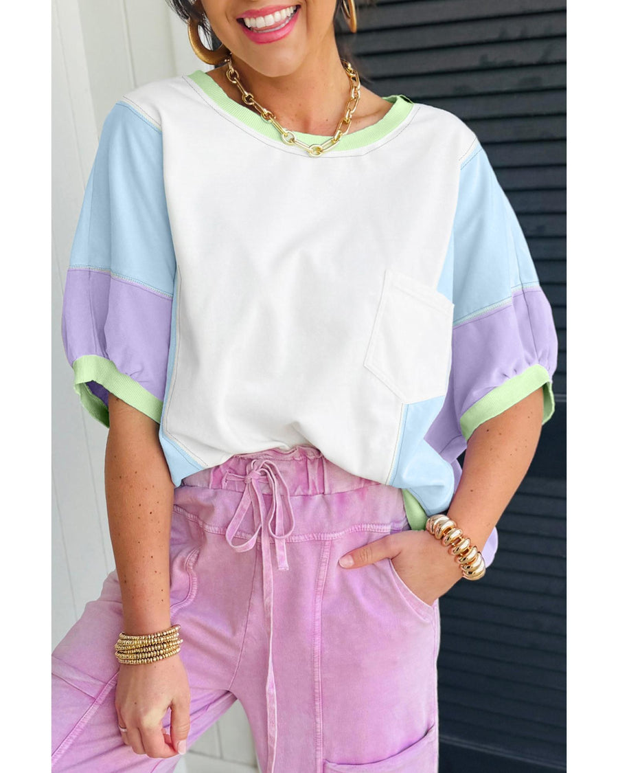 White Color Block Patchwork Half Sleeve Oversized T Shirt - L