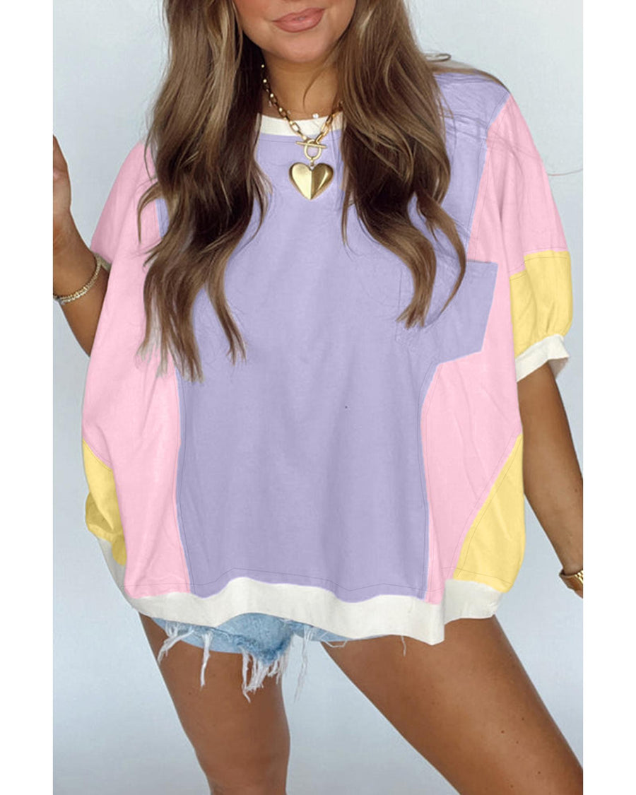 Purple Color Block Patchwork Half Sleeve Oversized T Shirt - S