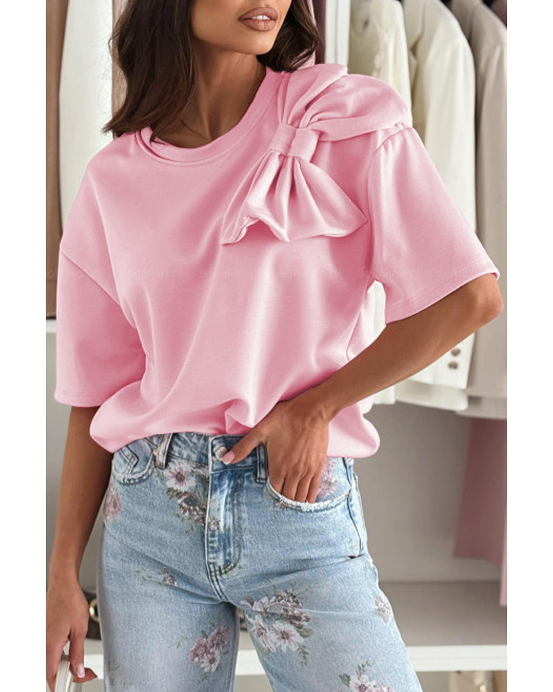 Pink Bow Applique Half Sleeve T-shirt - S