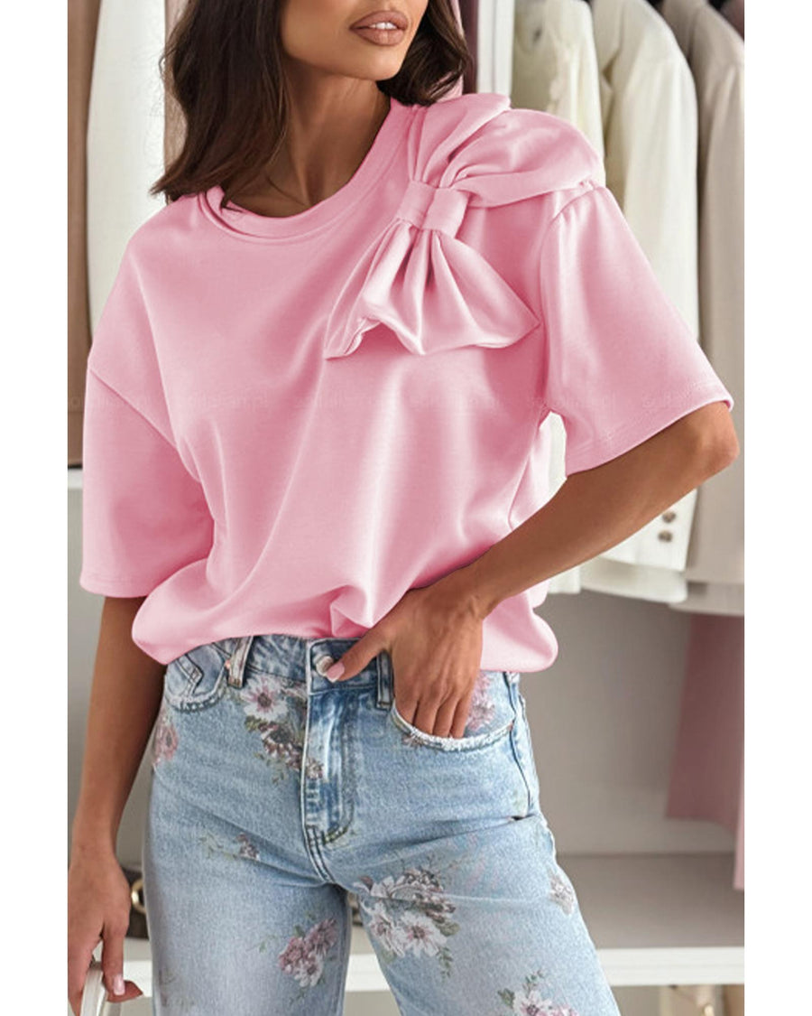 Pink Bow Applique Half Sleeve T-shirt - XL