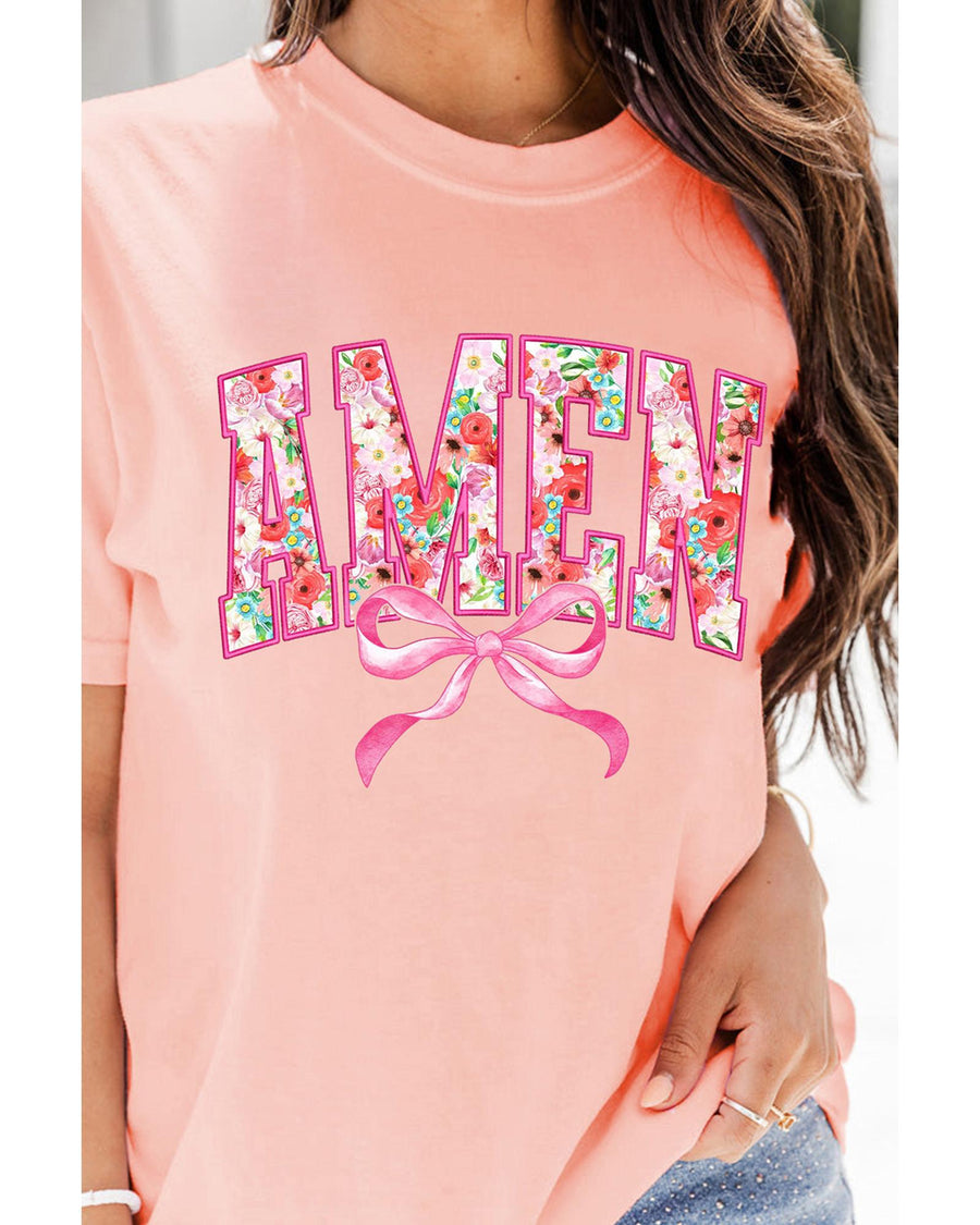 Pink Floral AMEN Bow Graphic Crewneck T Shirt - L