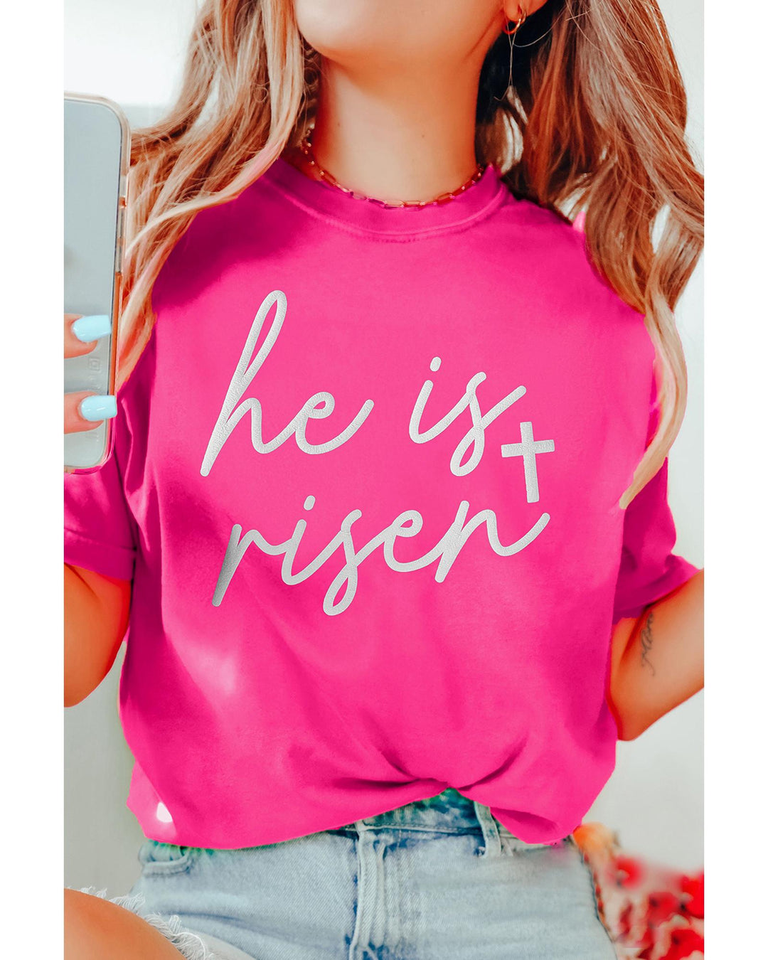 Rose Red Glitter he is risen Cross Printed Crewneck Tee - 2XL