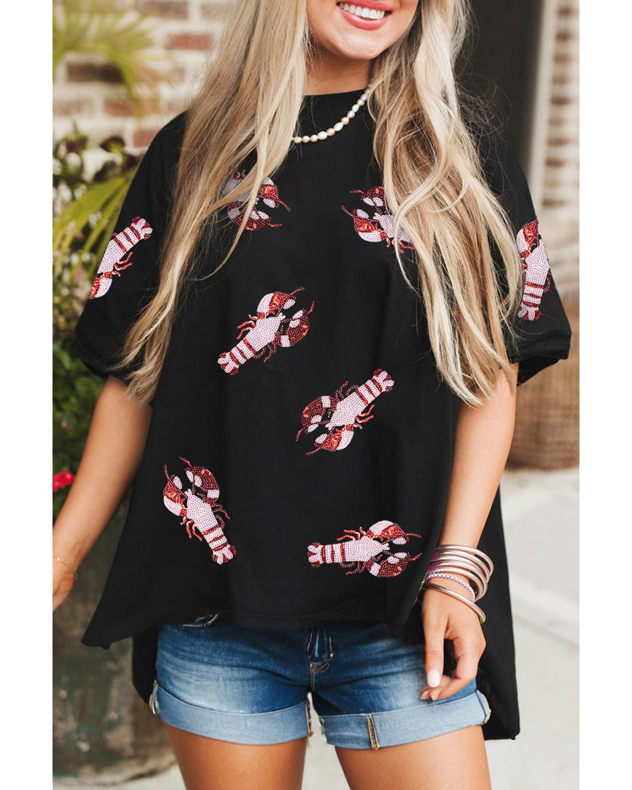 Black Sequin Crayfish Graphic Drop Sleeve High Low Tee - S