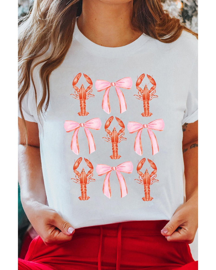 White Crawfish Bow Printed Summer T Shirt - 2XL