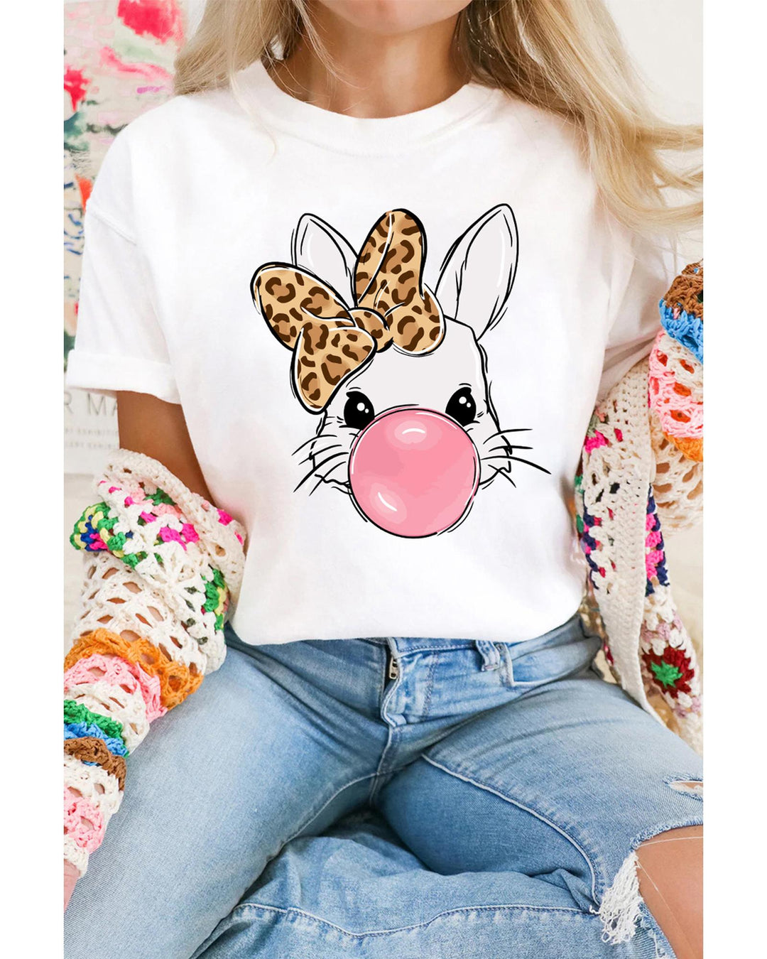 White Leopard Bow Bubble Rabbit Graphic Tee - M