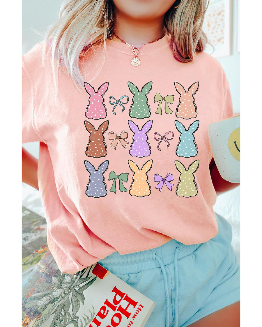 Pink Dotty Bunny Bow Printed Easter Day Fashion T Shirt - XL