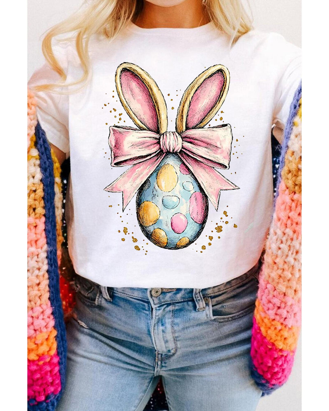 White Easter Egg Bow Bunny Ear Printed T Shirt - 3XL