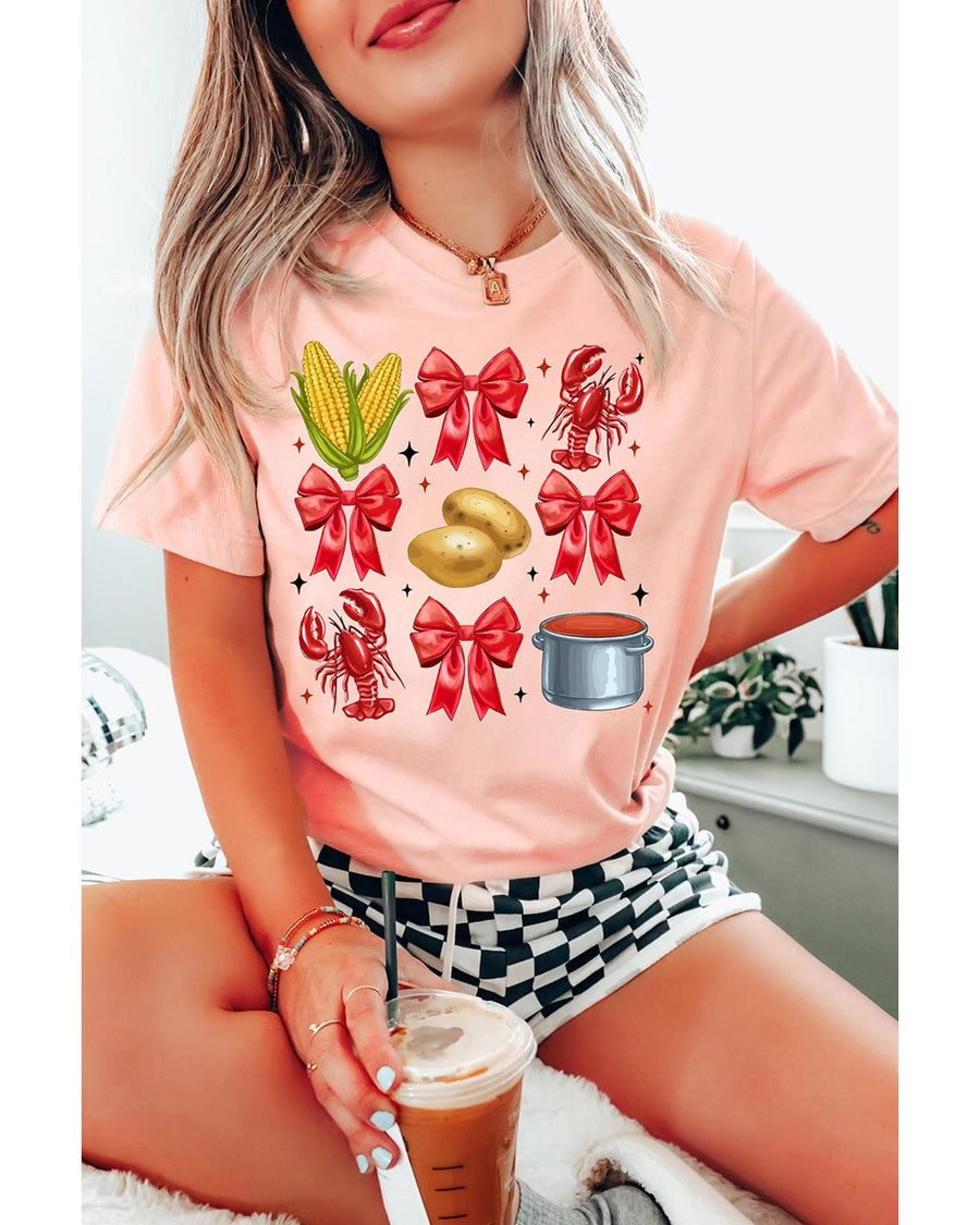 Pink Summer Food Bow Crawfish Printed T Shirt - S
