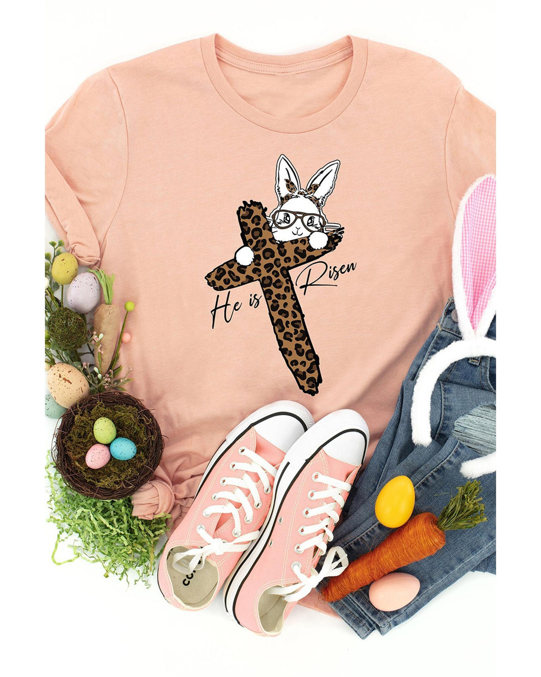 Pink He is Risen Easter Bunny Leopard Cross Graphic Tee - 2XL