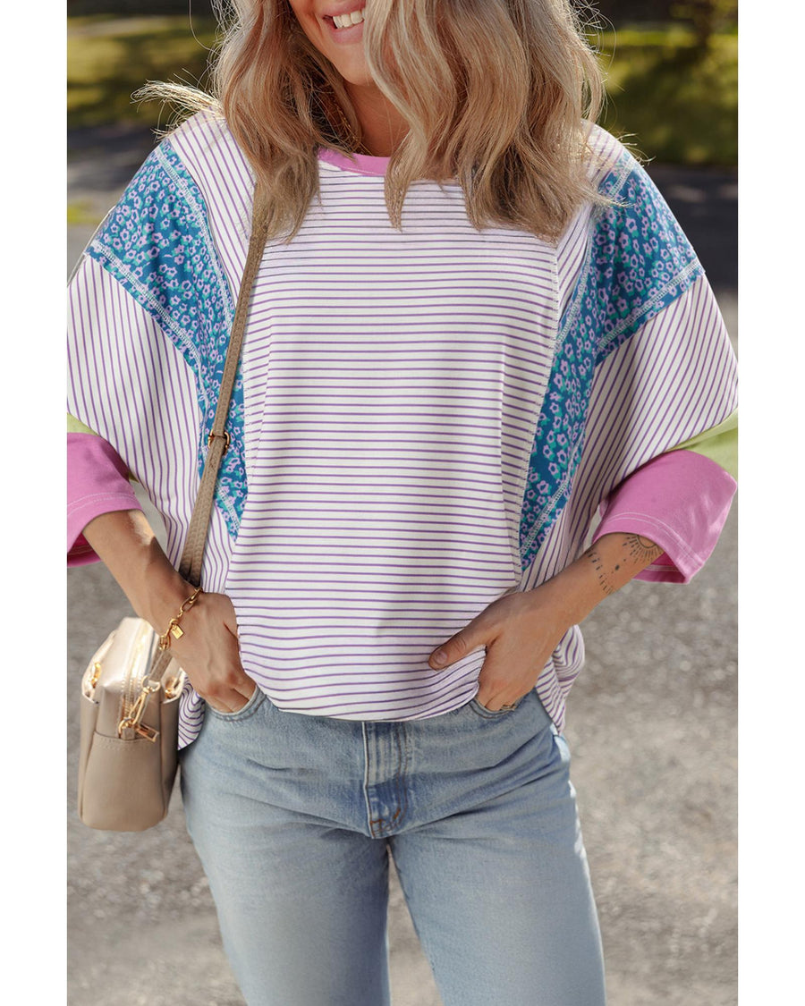 Purple Stripe Floral Color Block Raw Edge Patchwork Bracelet Sleeve Blouse - M