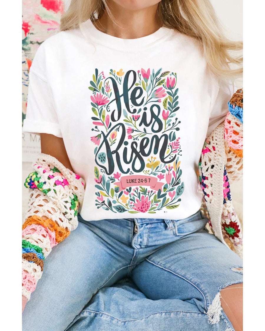 White He is Risen Floral Printed T Shirt - M