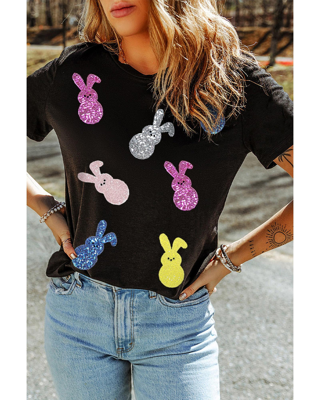 Black Sequin Bunny Doll Graphic Easter Day T Shirt - S
