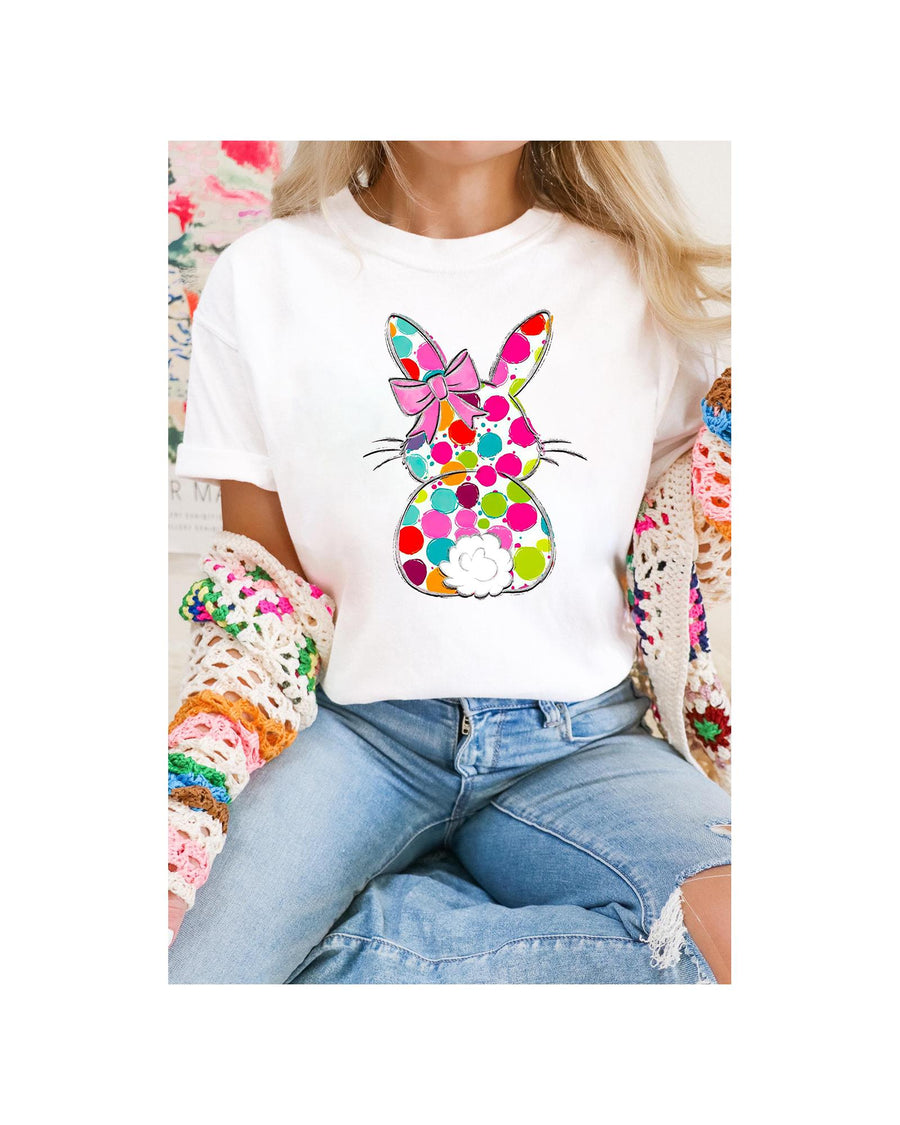 White Polka Dot Bow Rabbit Graphic Crewneck Easter Fashion Tee - 2XL