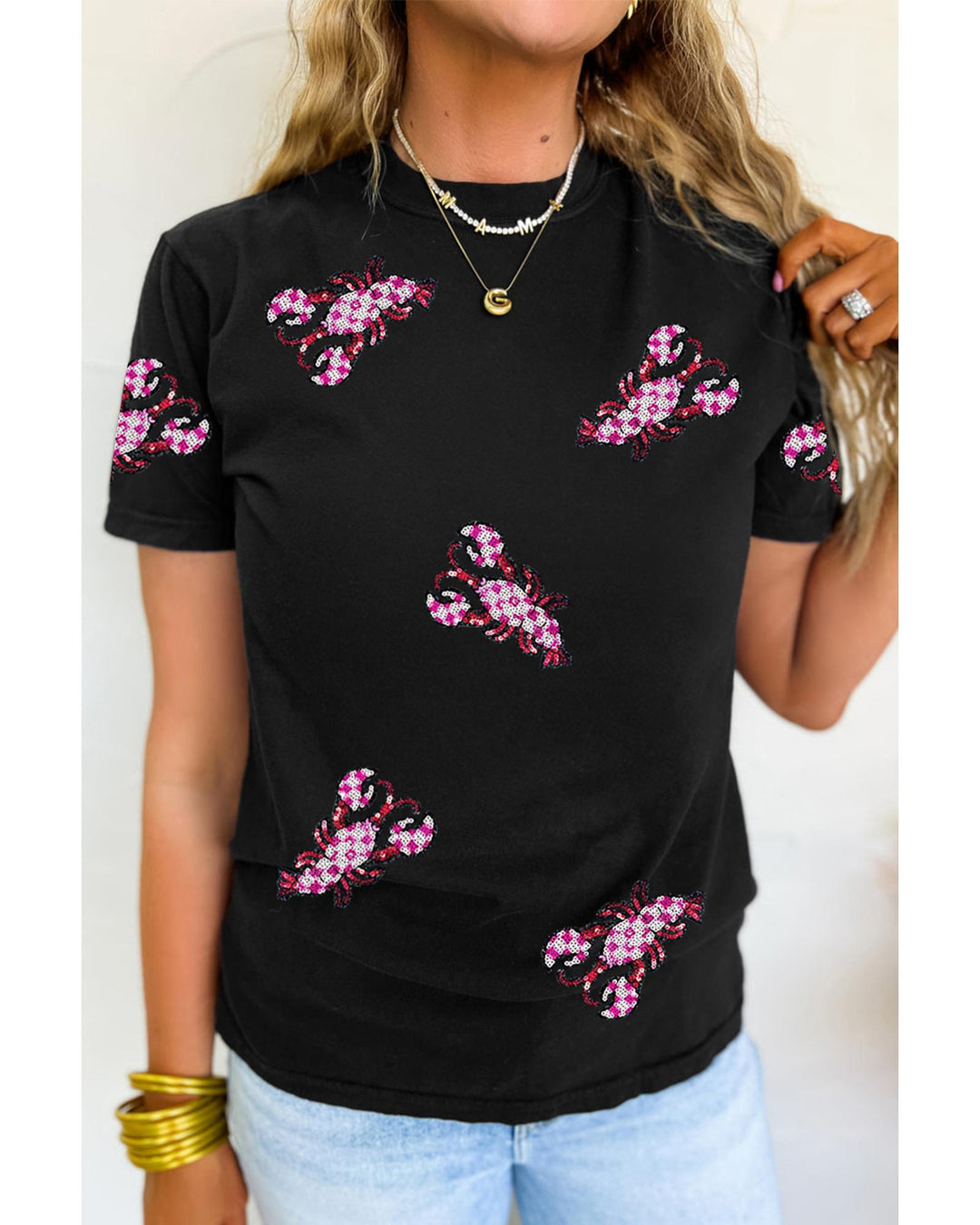 Black Sequin Crawfish Patched Crew Neck Tee - M