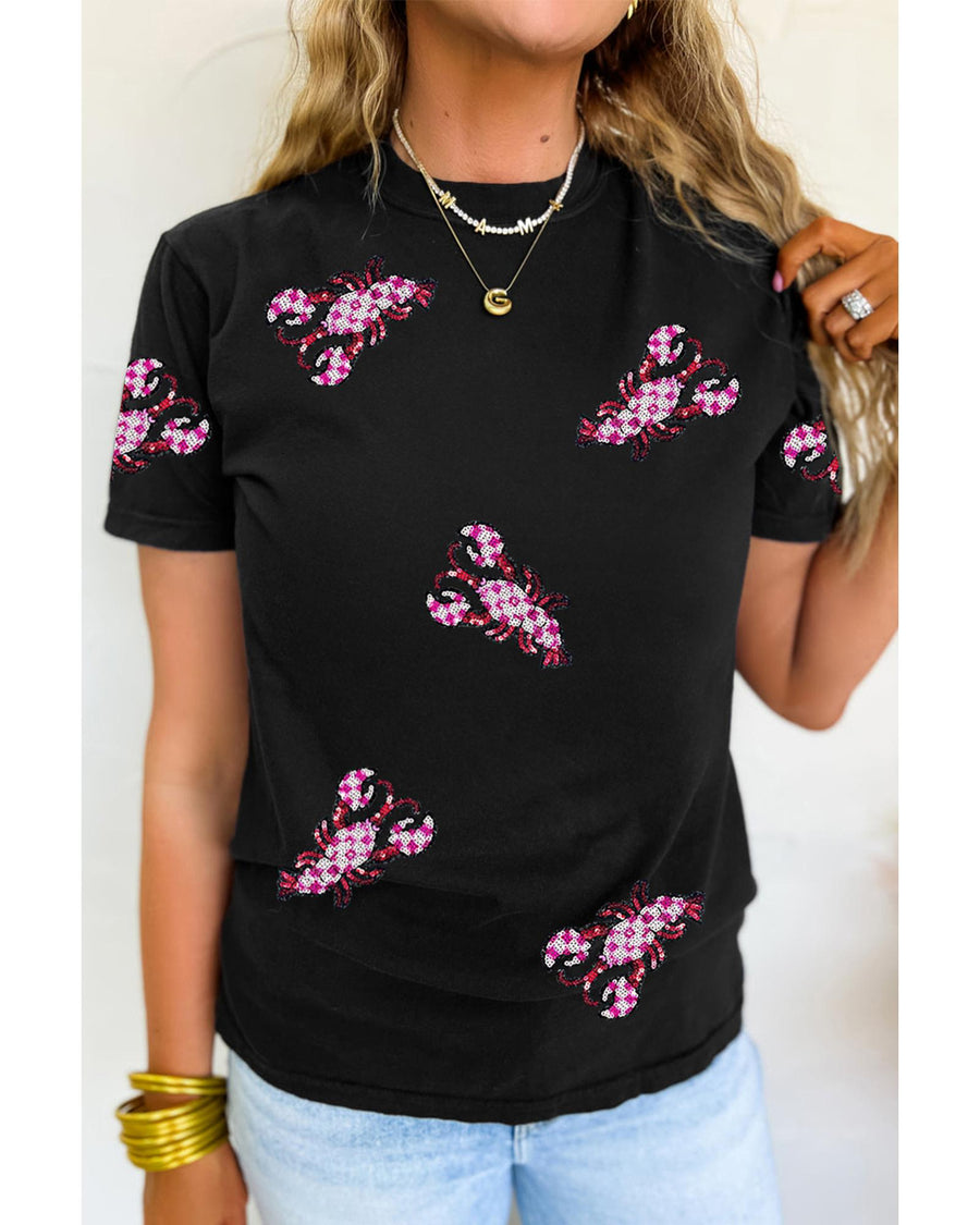 Black Sequin Crawfish Patched Crew Neck Tee - XL